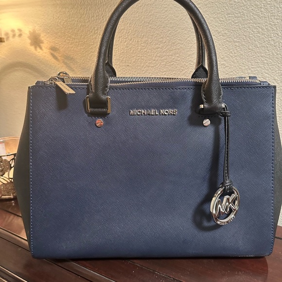 Michael Kors Blue and Black Satchel with Textured Leather - Picture 2 of 9
